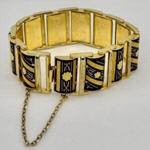 Vintage Damascene Links Bracelet Gold-Tone Metal with Etched Black Floral Motif